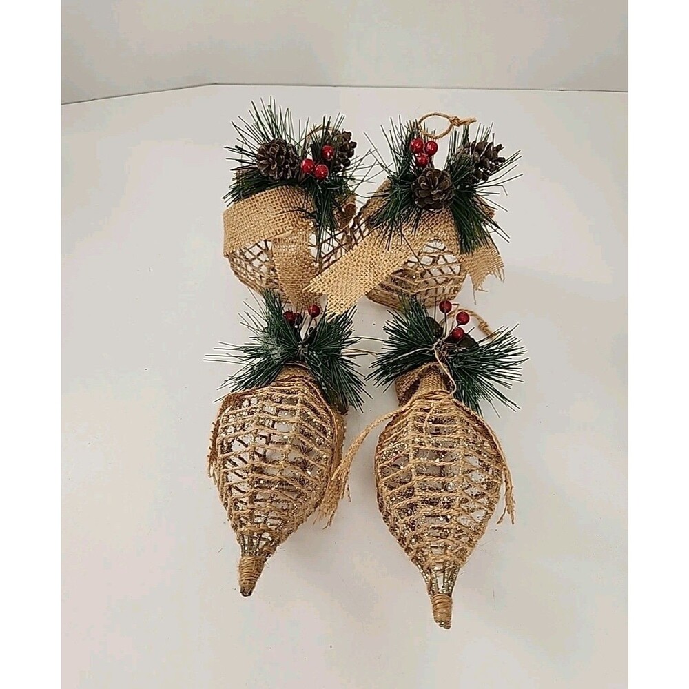 Lot Of 4 Merry Christmas Hemp(like?) 2 Pine Cone Ornaments 2 Round Twine
